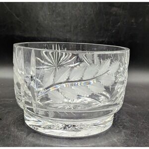 Vintage DRESDEN Cut Crystal Glass Bowl Leaves Flowers Signed 7" Etched Leaves